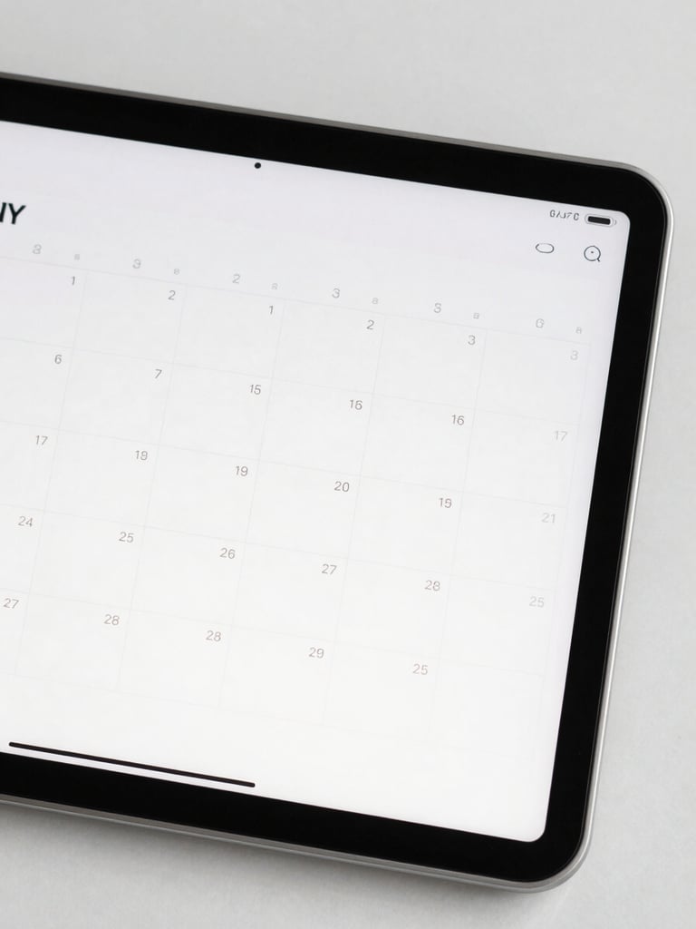 Close-up of a modern tablet displaying a clean calendar and task list, neutral background, sharp focus, bright daylight.