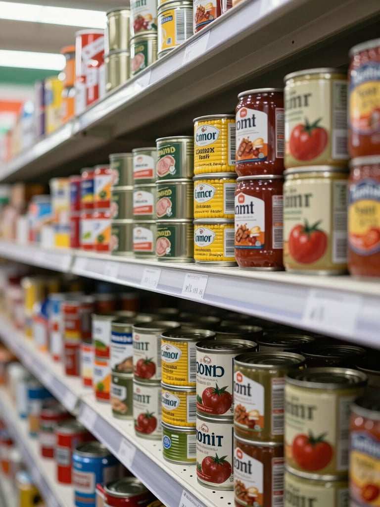 Close-up of neatly stacked canned goods on a supermarket shelf — rows of sardines, corned beef, and tomato paste cans in organized columns, bright retail fluorescent lighting, clean white shelf labels visible, shallow depth of field with shelves receding into the background