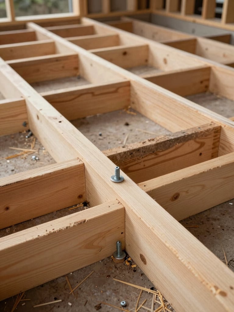 Close-up wide shot of timber framing phase — joists, rim boards, and anchor bolts visible in sequence, natural overcast light casting even shadows, no workers in frame, documentation framing showing material transition from foundation to floor system