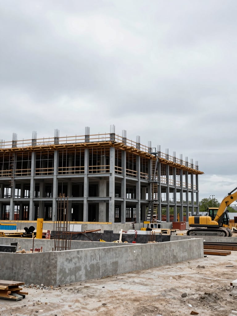Wide panoramic view of a large commercial building under active construction, steel framing exposed against an overcast sky, concrete foundation forms visible in the foreground, heavy equipment staged to the right, no workers posed — raw job-site documentation in flat natural daylight