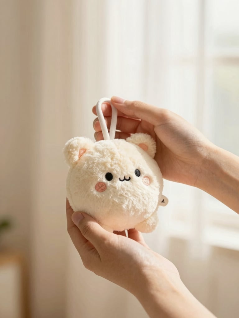 Hands gently holding a soft plush charm with embroidered details, warm indirect morning light, pastel tones, cream background, shallow depth of field