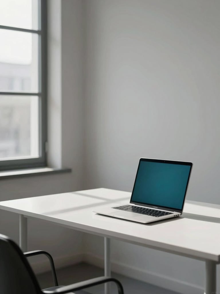 Wide shot of a minimal studio desk from the right side, a single open laptop screen casting teal-blue light onto the white surface, directional daylight entering from a tall window at left, no person visible, negative space above