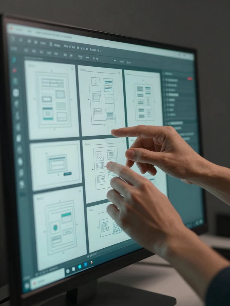 Close-up of a designer's hands arranging interface wireframe cards on a large monitor, studio strobe lighting emphasising teal-tinted screen glow against a charcoal background, tight crop showing finger placement on the glass