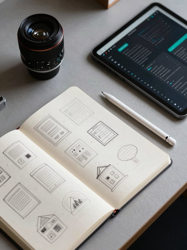 Overhead flat-lay of a design desk: open sketchbook with interface wireframes, a stylus resting beside a tablet showing a dark-mode web layout, directional studio light casting a clean diagonal shadow, teal accent visible on the screen
