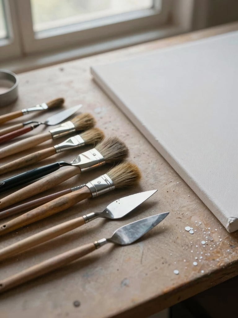 Close-up overhead shot of a studio workbench, brushes and palette knives arranged to the left, an unfinished canvas in the upper right corner, even natural window light, no people