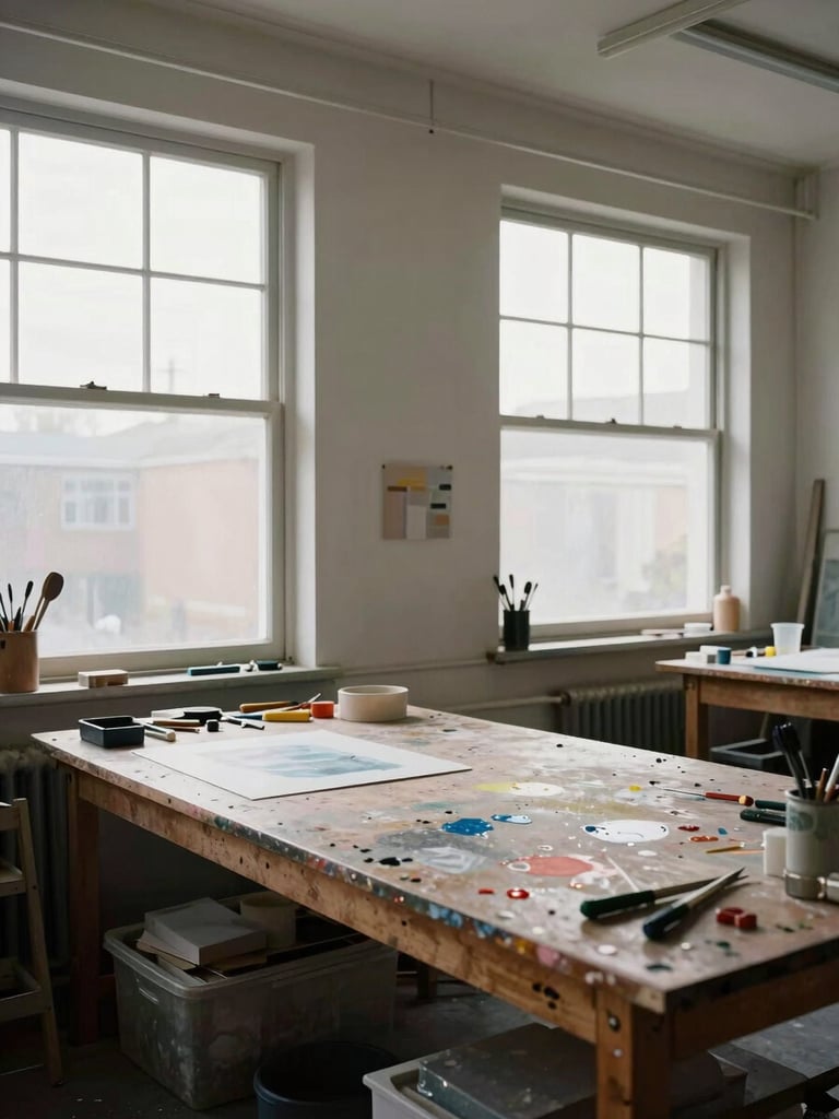 Wide environmental shot of a working artist studio interior, north-facing windows casting even daylight across a workbench with tools and in-progress pieces, paint-marked surfaces and raw materials visible, no people present