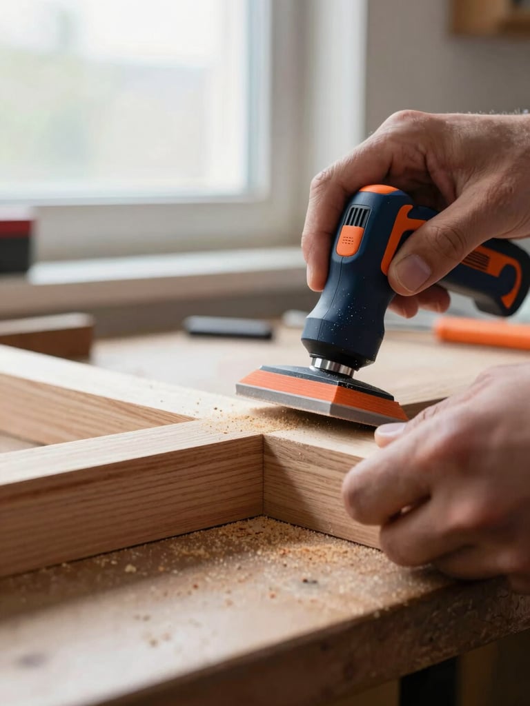 Hands sanding a complex wooden joint on a sturdy workbench, sawdust catching the bright natural window light, macro lens, shallow depth of field.