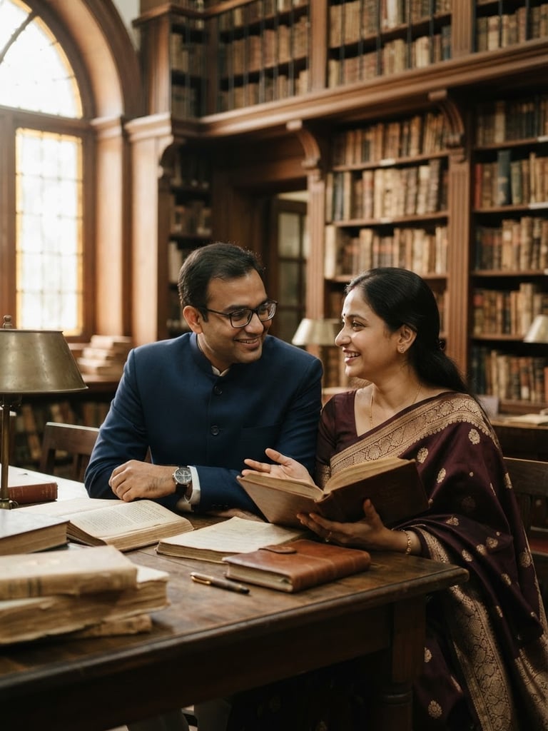 Elegant, candid portrait of a professional Kayastha couple in a dignified heritage library setting, warm window light, shallow depth of field, 35mm