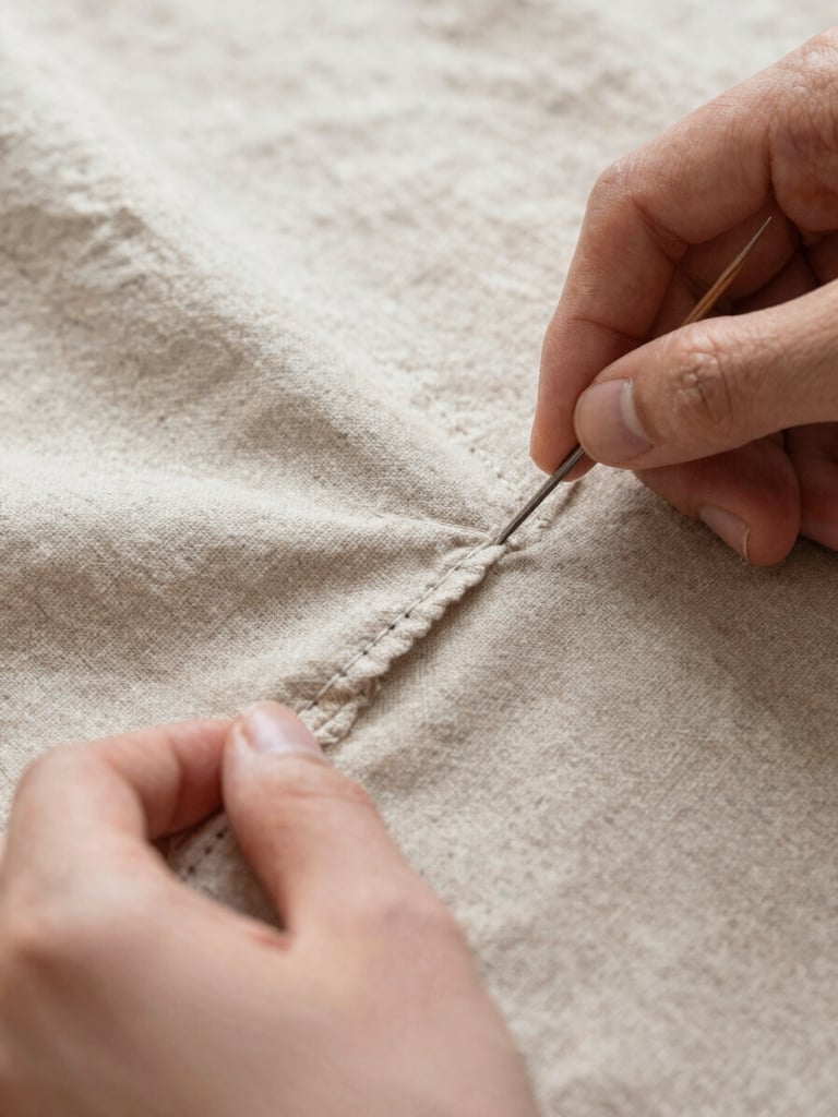 Detailed macro shot of fine stitching on a premium linen fabric, hands of a craftsman visible, soft natural light, warm neutral tones