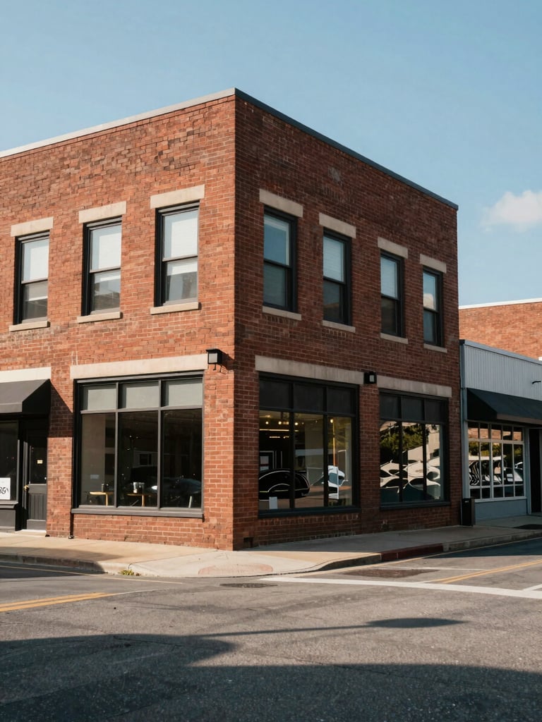 Wide environmental shot of a brick commercial building exterior on a quiet street corner, full facade visible in clear afternoon daylight, shadows crisp across the masonry, neighboring storefronts visible to the right providing neighborhood context, no people, no staging