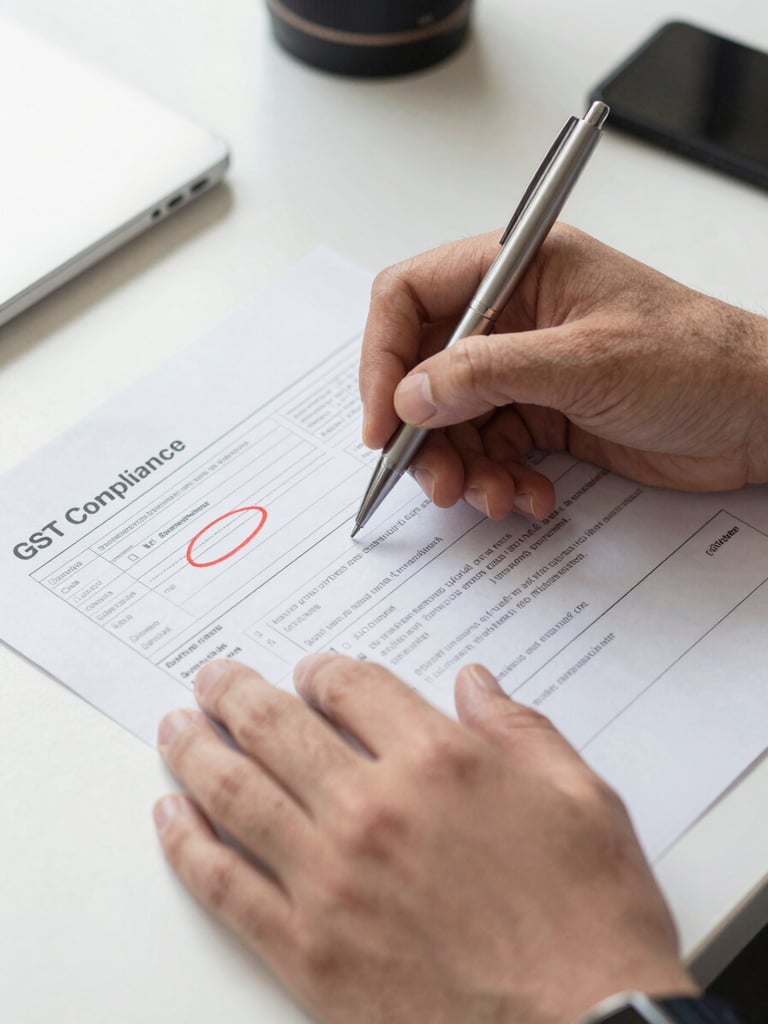 Overhead close-up of hands holding a pen over a printed GST compliance form on a clean desk, red-flag dates circled, office daylight from the left, crisp and precise