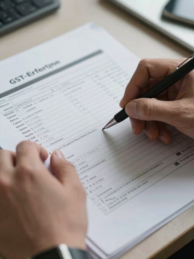 Extreme close-up of hands reviewing a printed GST return on a desk under cool office daylight, a pen marking a line item, papers and a folder edge visible at the frame corner