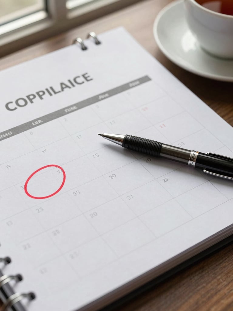 Close overhead view of a compliance calendar on a desk, several dates circled in red ink with a pen resting across the page, practical office daylight from a nearby window, a cup of tea partially visible at the edge of frame