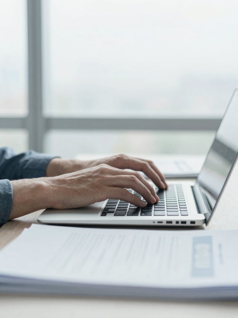 Close-up of hands typing on a laptop in a clean, modern office, documents neatly stacked, bright neutral daylight, desaturated blue and gray tones, sharp focus, portrait aspect.