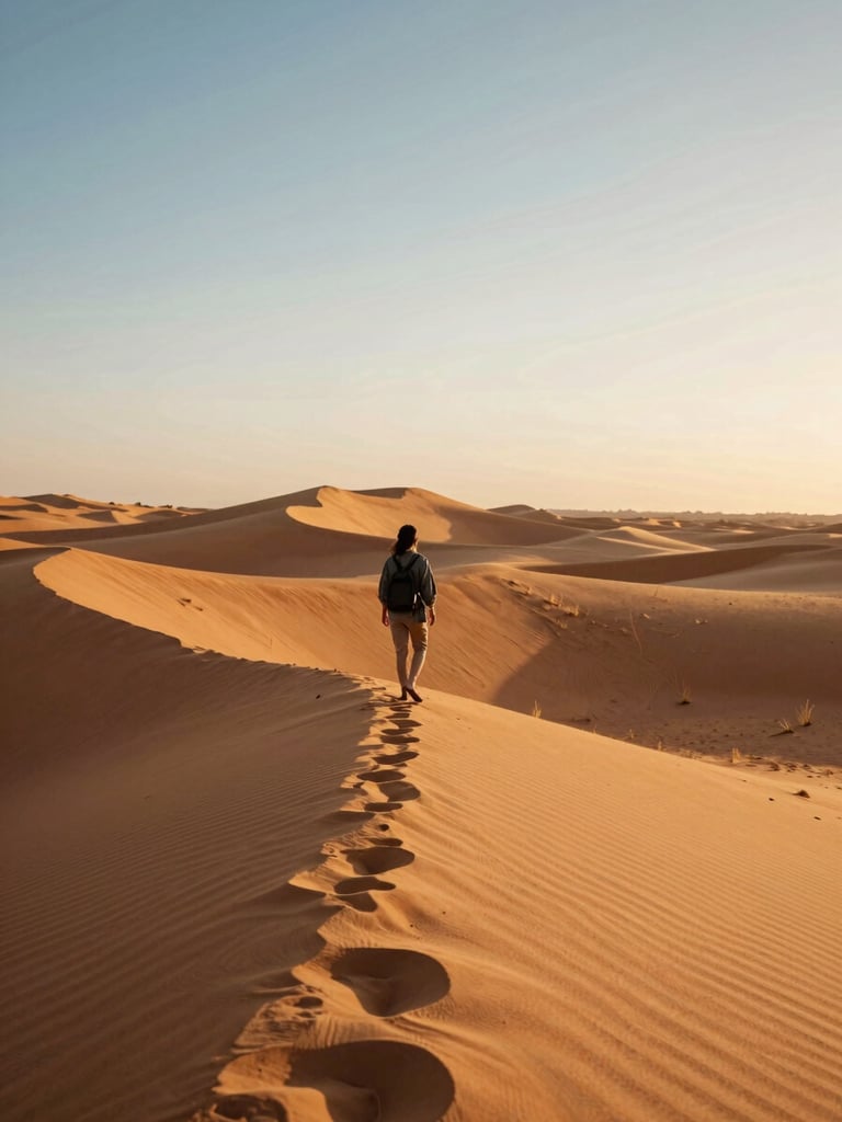 A traveler overlooking the golden dunes of the Sahara desert at sunset, warm light casting soft shadows, 35mm photography, terracotta tones