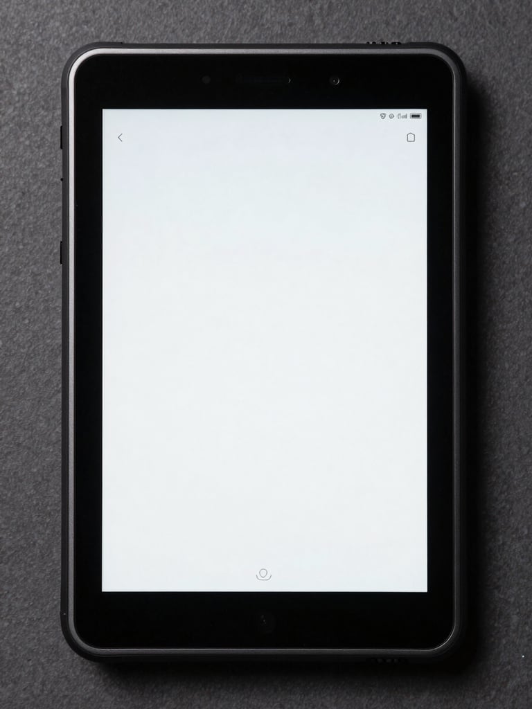 Top-down macro shot of a rugged Android tablet displaying a high-contrast simplified interface designed for senior users, sharp shadows, cool studio lighting.
