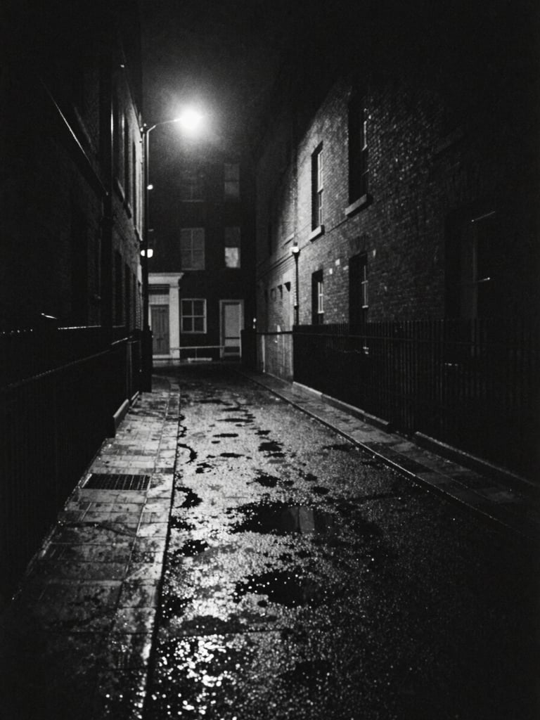 Wide atmospheric environmental shot of a dark London alleyway at night, harsh single streetlight casting long stark shadows on wet pavement, heavy film grain, gritty black and white