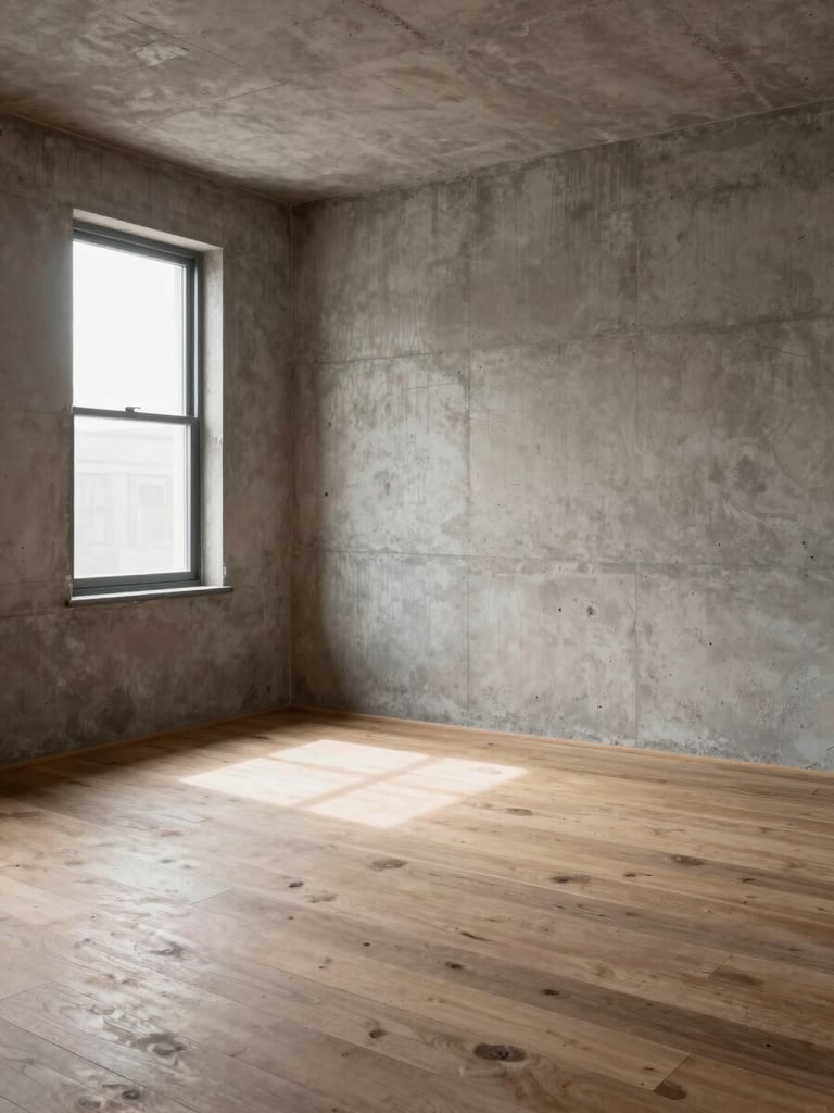 Wide interior shot of a half-renovated room, exposed concrete wall meeting original timber floor, north-facing daylight raking across the surface from a single tall window, no furniture, structural bones fully visible, documentary framing