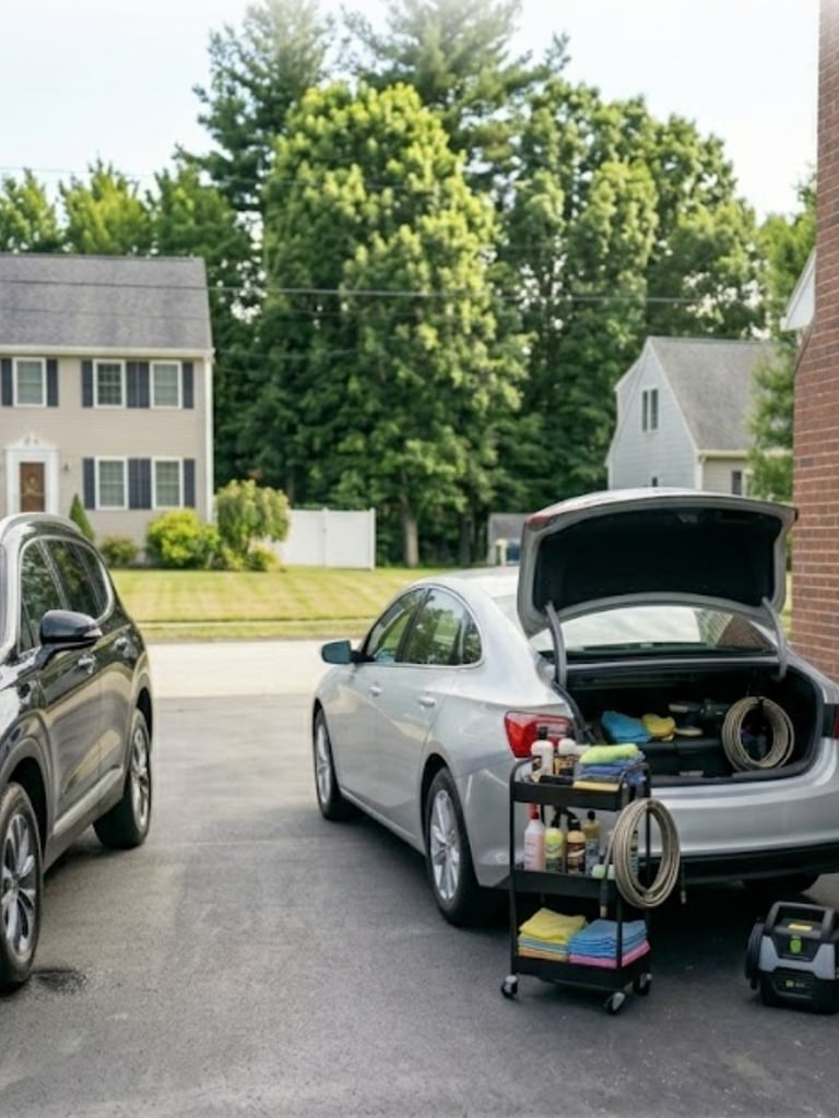 Flawless Fontes mobile auto detailing setup in a Southern New Hampshire driveway