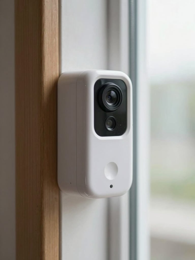 Close-up of a white doorbell camera mounted on a door frame, soft indoor daylight from a nearby window, wooden door trim visible to the left, camera lens in sharp focus, shallow depth of field