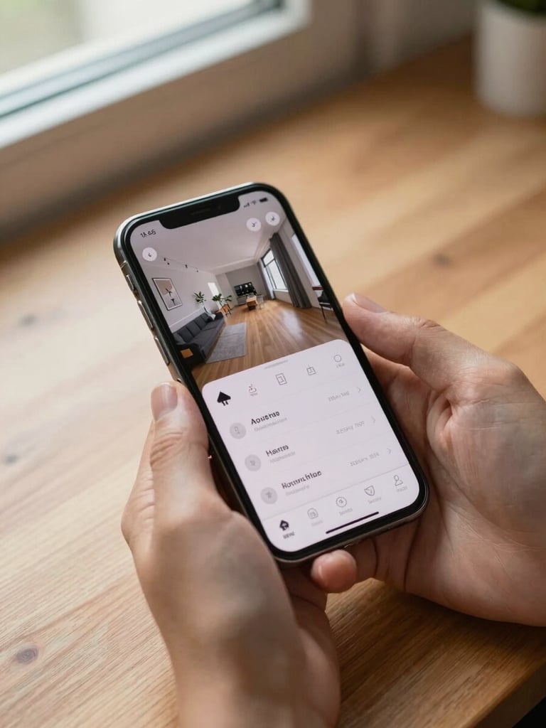 Close-up overhead view of hands holding a smartphone displaying a home security camera app interface, settings screen visible, warm indoor daylight from a nearby window, wooden table surface beneath