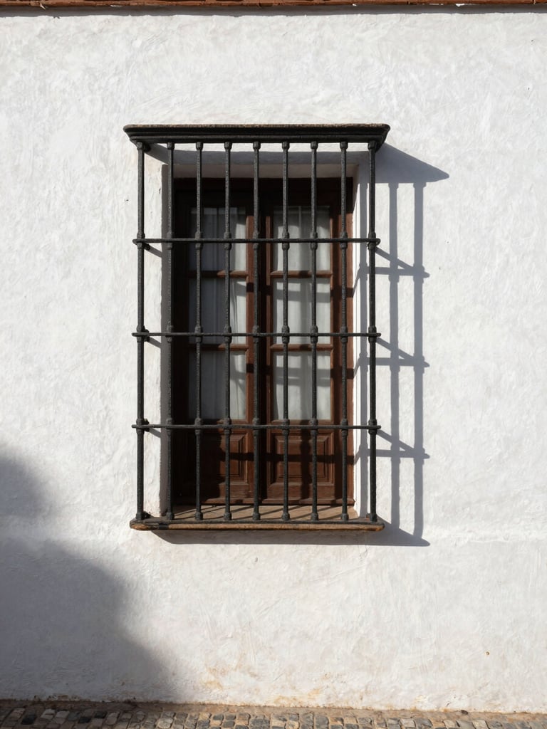 Close architectural detail of a whitewashed Andalusian building facade in Fuengirola, iron window grille casting geometric shadow on textured render, natural daylight from the left, narrow cobblestone edge visible at base