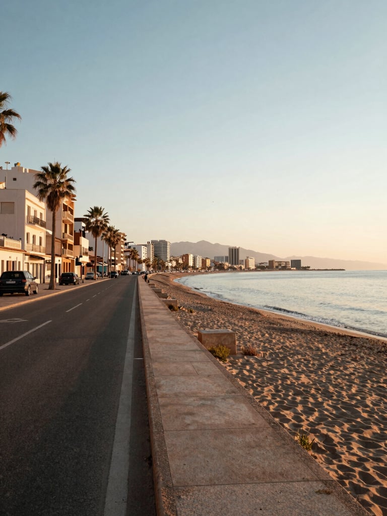 Wide street-level view of Fuengirola's beachfront promenade, low-rise buildings lining the left, calm Mediterranean sea to the right, early morning golden light, no people, wide establishing shot