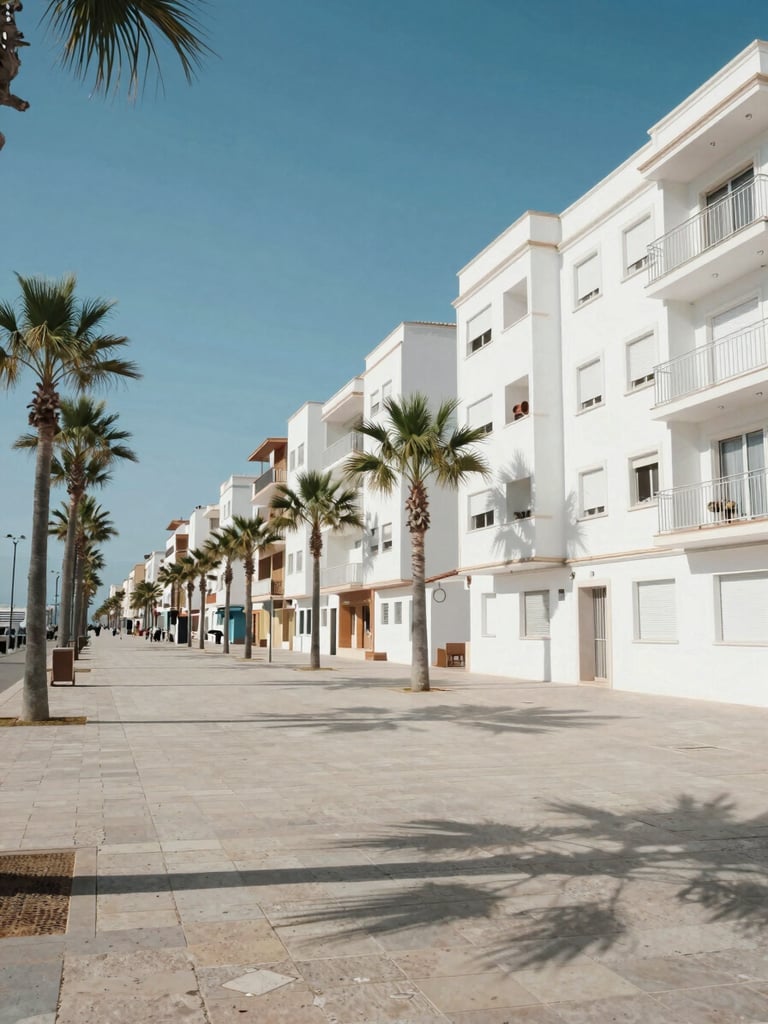 Wide street-level view of a Fuengirola paseo marítimo promenade at midday, white-rendered apartment facades lining the right side, palm trees casting short shadows on pale stone paving, open Mediterranean sky above, no people