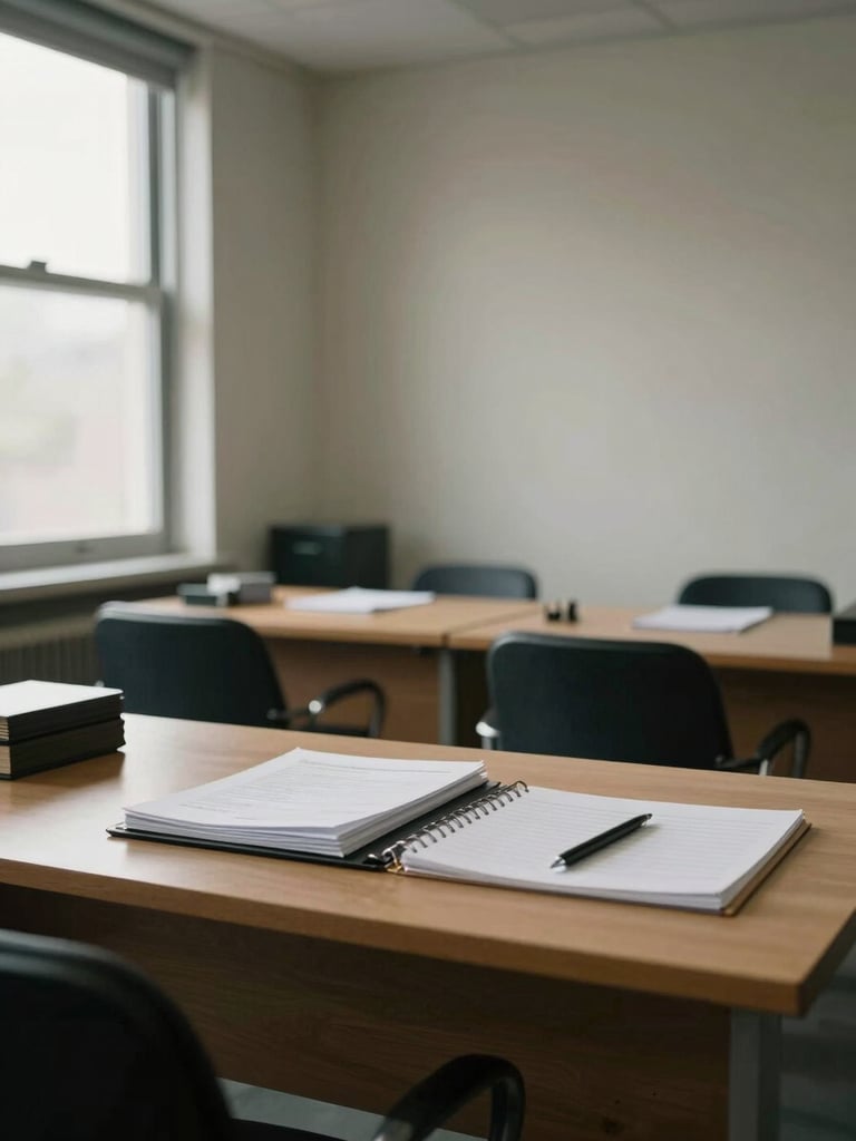 Wide interior of a spare, orderly office, a single desk with open case folders and a notepad, natural window light from the left illuminating the workspace, low clutter, institutional calm