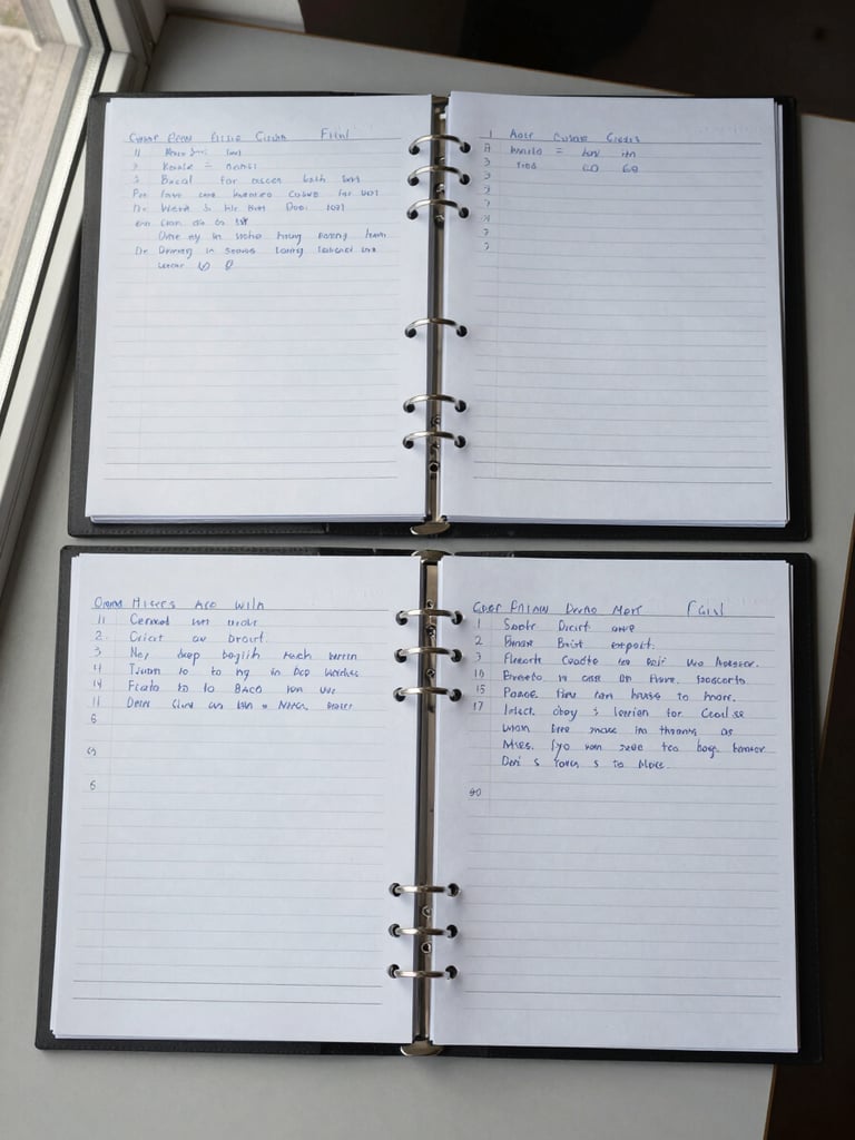Overhead flat-lay of an open case file on a bare desk, handwritten field notes and printed documents arranged methodically, natural overcast window light from the left, no hands visible, sparse and deliberate composition