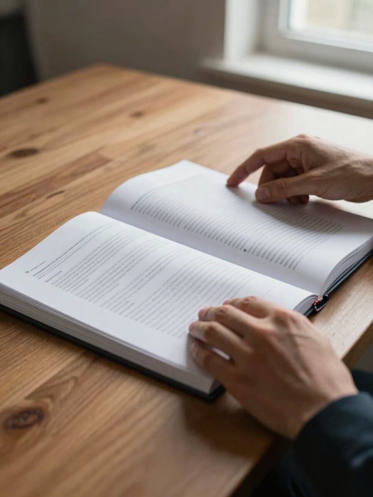 Close-up of hands turning pages of a bound investigation report on a spare wooden desk, natural window light from the right side casting soft shadows, muted tones, tight framing on document edges and fingertips
