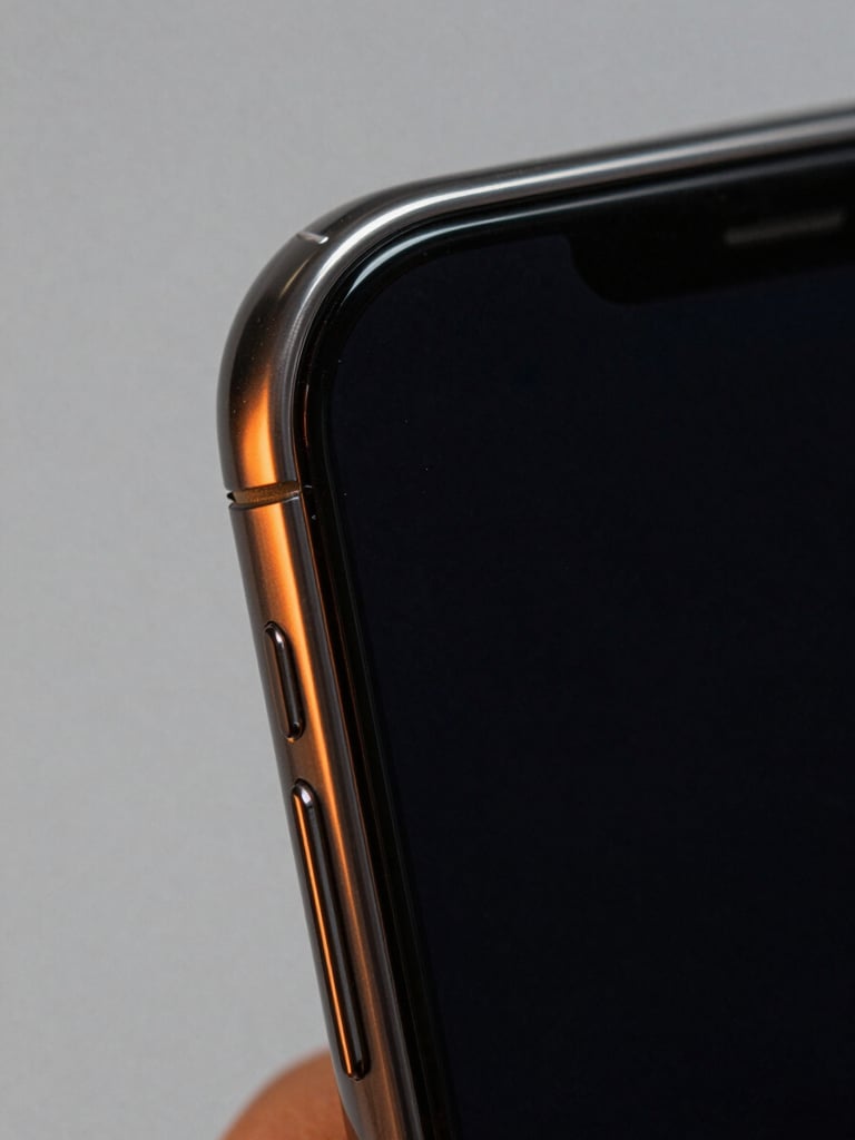 Extreme close-up of a phone screen edge-on under studio strobe light, armoring film edge precisely aligned to the corner, high contrast black surface, orange ambient reflection along the film border