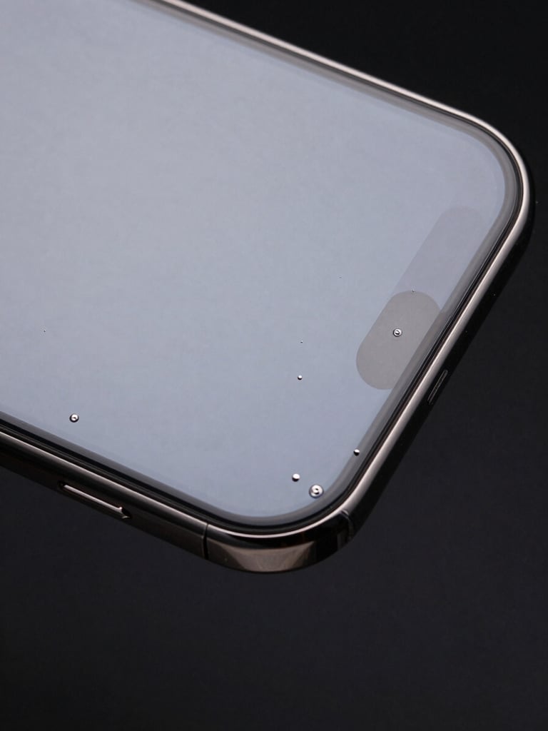 Extreme close-up, studio strobe lighting, smartphone screen with freshly applied military-grade protective film, zero bubbles, perfect edge adhesion, optical clarity with no distortion, display fully visible through film, high-contrast black background, after installation documentary proof