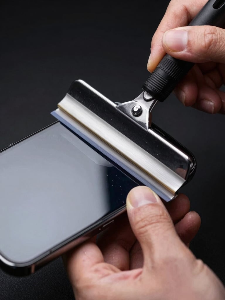 Extreme close-up, studio strobe lighting, technician hands applying military-grade protective film to a smartphone screen, film edge being pressed down with a squeegee tool, sharp edge detail visible, black background, high-contrast industrial documentation style
