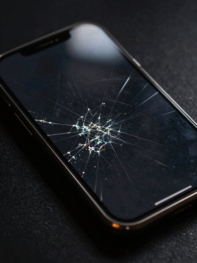 Extreme close-up, harsh directional light, smartphone screen with visible deep scratches and micro-abrasions across the display surface, cracks radiating from one corner, high-contrast black background, documentary evidence style — before installation