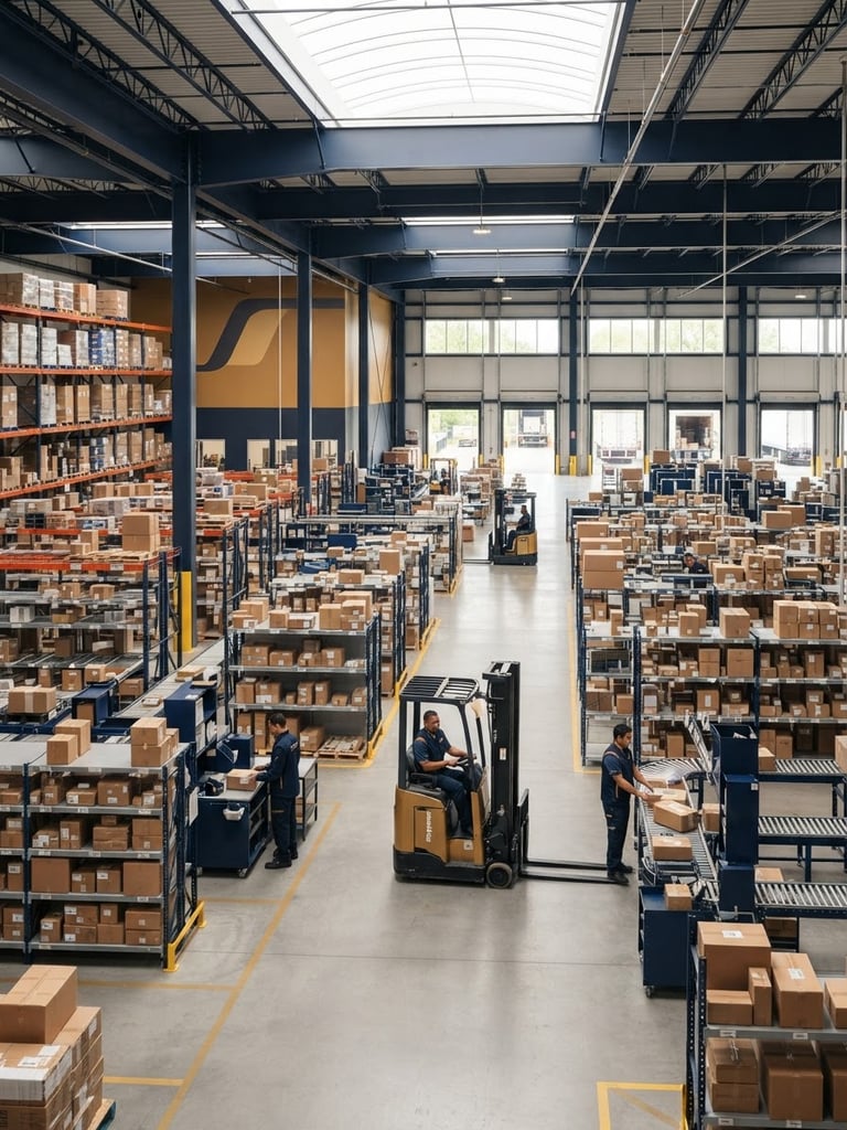 Wide environmental shot of a clean, organized distribution hub, bright natural daylight, corporate navy and warm gold accents, sharp focus, 50mm lens.
