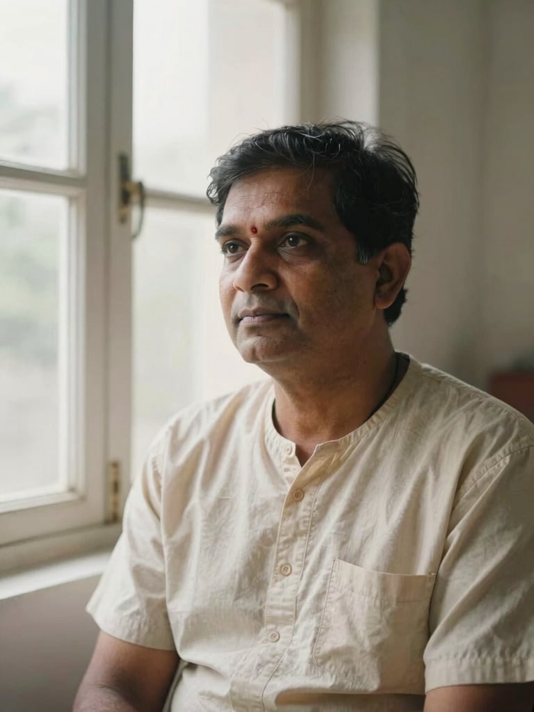 An authentic, warm editorial portrait of an Indian patient in quiet reflection by a window with soft, diffused natural light, 35mm