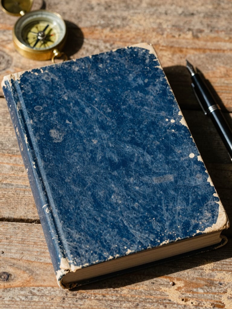 Close-up of a weathered book cover with deep indigo and sand tones, resting on a rustic wooden table next to a brass compass and a fountain pen, harsh side lighting