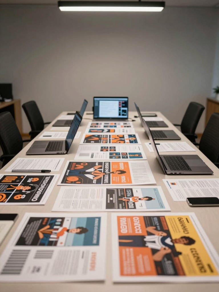 Wide interior shot of a working strategy session — a large table covered with printed campaign layouts, billboard proofs, and open laptops showing live digital placements, under clean overhead studio lighting, no people in frame, tight detail on the work surface