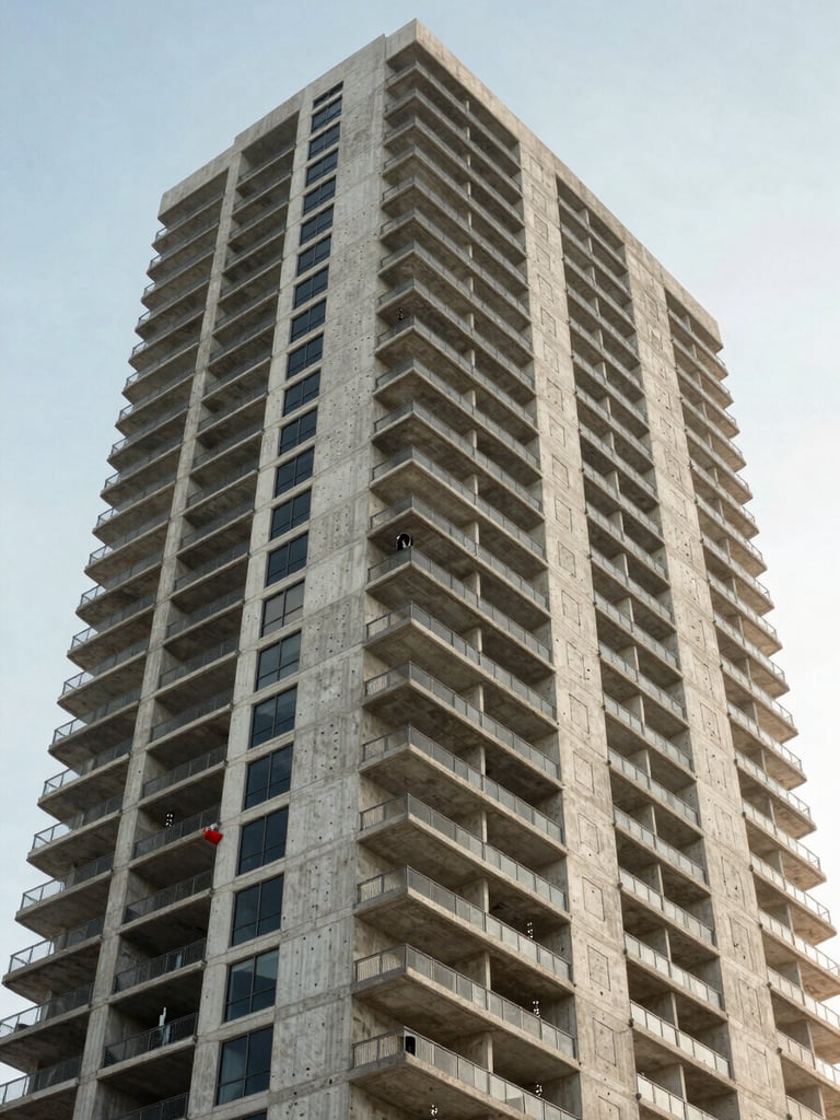 Wide architectural detail of a South Florida concrete high-rise facade under bright even daylight, structural inspection points visible on the building skin, viewed from slightly below with the upper floors receding into a clear sky — ordered, technical, no people