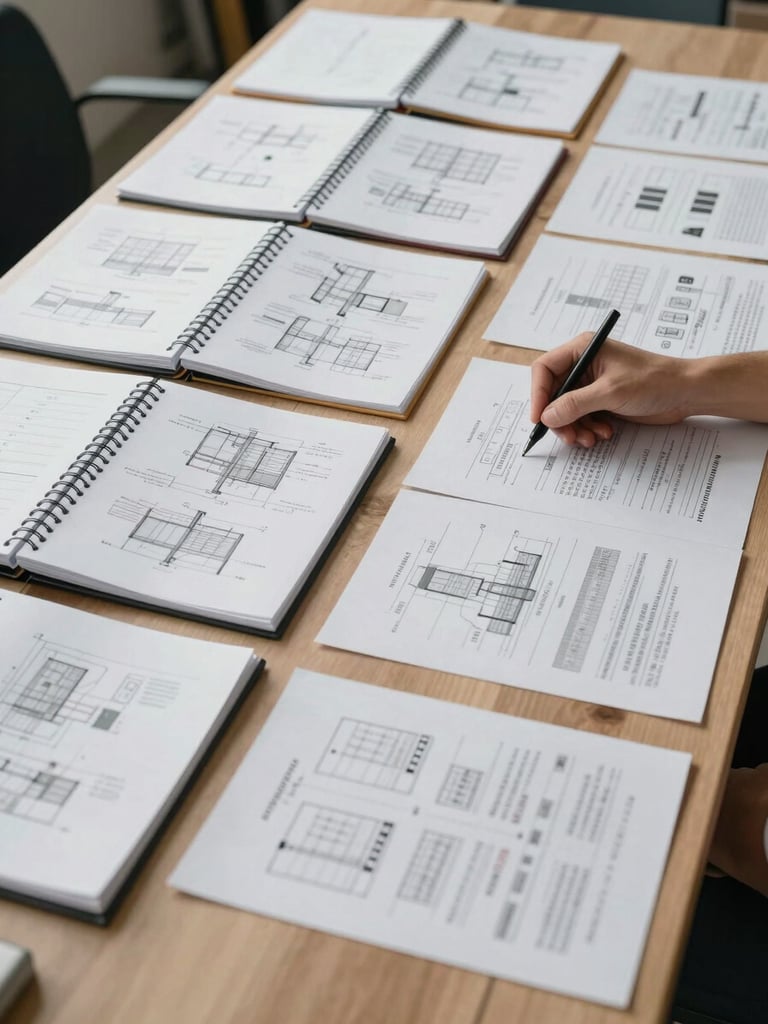 Overhead view of a wide project coordination table under bright studio lighting — technical drawings, specification binders, and printed inspection reports organized in neat rows, a single hand reaching in to annotate a detail, no faces visible