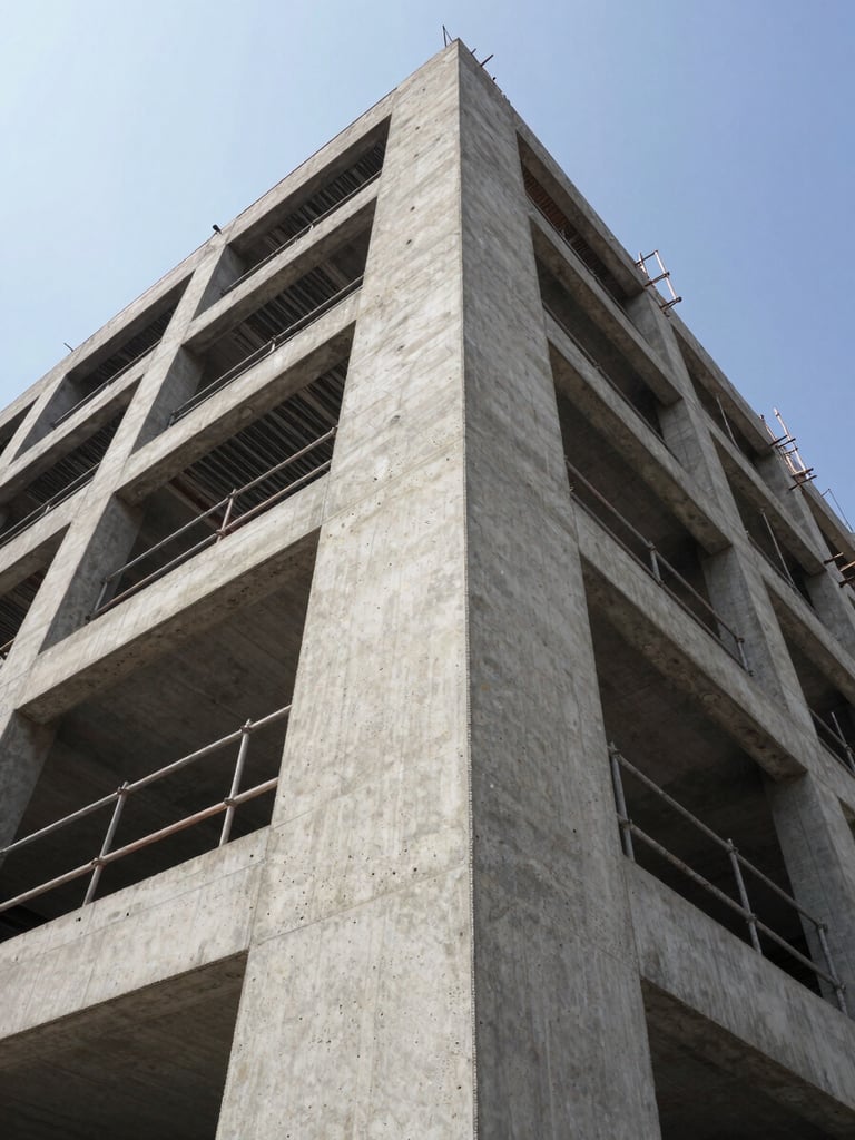 Wide-angle view from building exterior looking up along a concrete structural column, even daylight revealing surface inspection points and organized scaffolding in the background, precise and legible