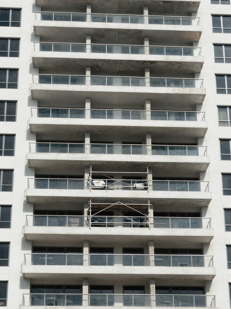 Wide environmental shot of a South Florida condominium building facade under bright even daylight, structural inspection points and exposed concrete balcony edges visible, scaffolding framing the mid-section, no people, precise and legible