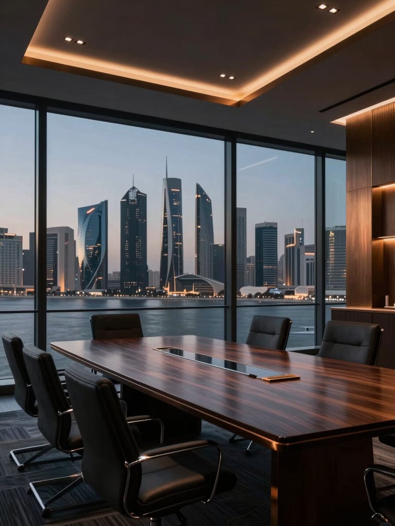 High-end corporate boardroom in Manama with floor-to-ceiling glass overlooking the skyline at dusk, dramatic low-key lighting, bronze accents, 35mm