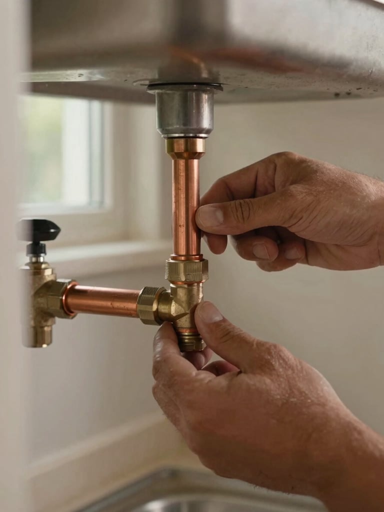 Close-up of a plumber's hands tightening a copper pipe fitting beneath a kitchen sink, warm daylight from a nearby window catching the wrench and the texture of the pipe, residential cabinet visible in background