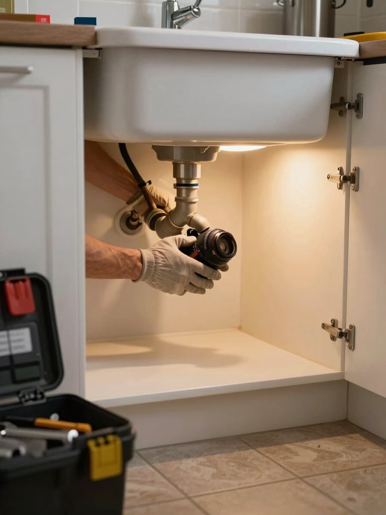 Wide shot looking under a kitchen sink at a plumber working on drain pipes, warm task lighting illuminating the cabinet interior, residential tile floor visible, toolbox open nearby
