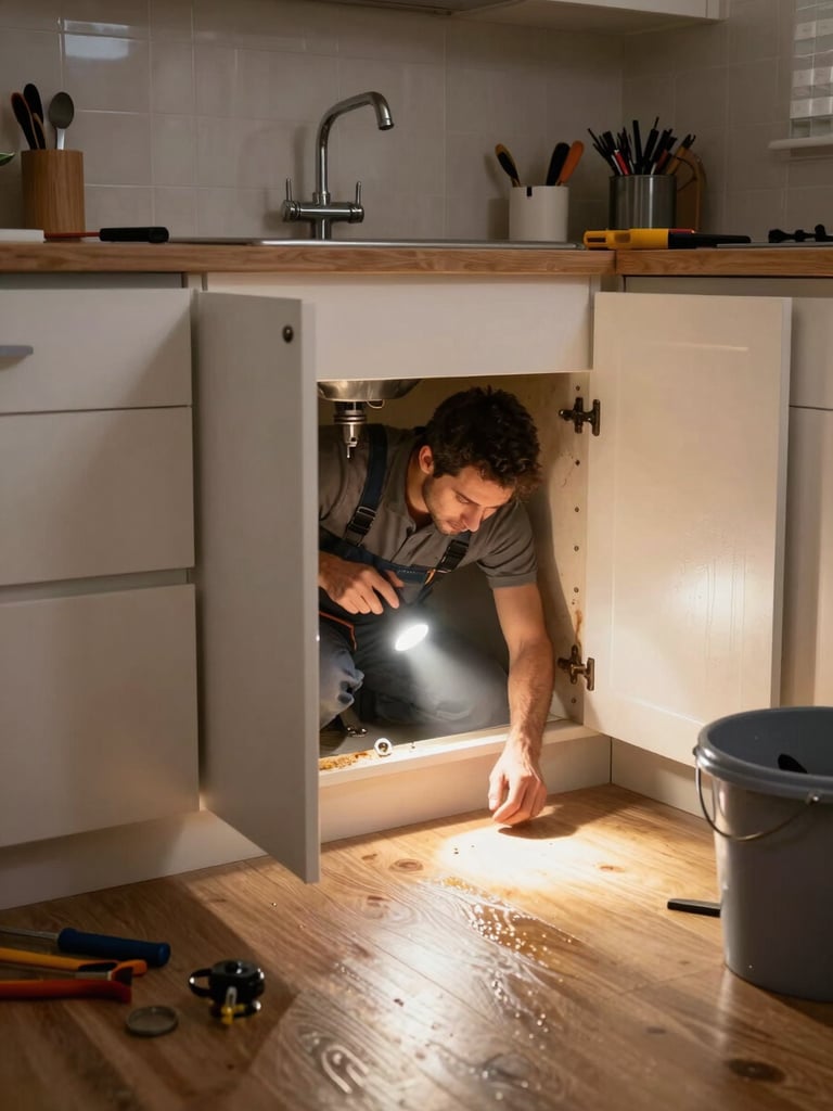Wide shot of a residential kitchen at night, a plumber working under the sink cabinet with a flashlight, warm task light pooling on the cabinet floor, water-stained cabinetry visible, tools and a bucket nearby