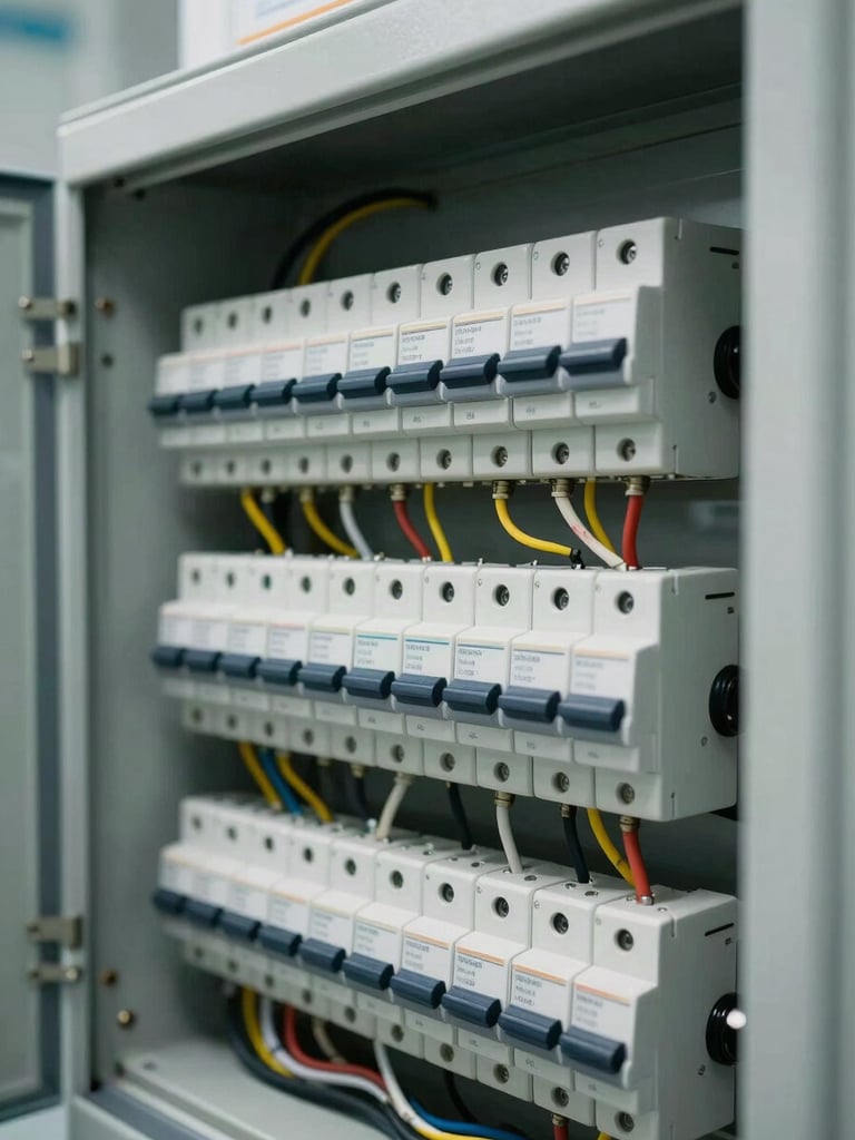 Close-up of an electrical panel being wired inside a medical imaging facility, labeled circuit breakers and cable looms clearly visible, site lighting, technical precision evident in the layout