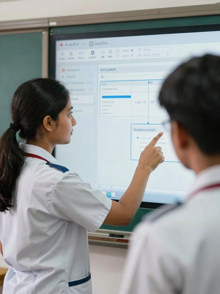 A professional ClassTech technician in a neat uniform showing a female teacher how to use a smart board in a Dhaka classroom, close-up on hands pointing to screen options.