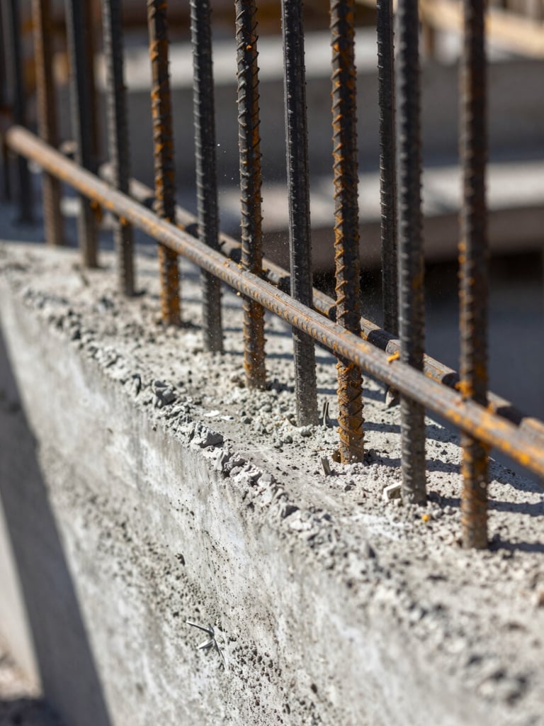 Close-up detail of concrete formwork and steel rebar on a construction site, natural midday light casting hard shadows, dust particles visible in the air, no people — material evidence of active structural work